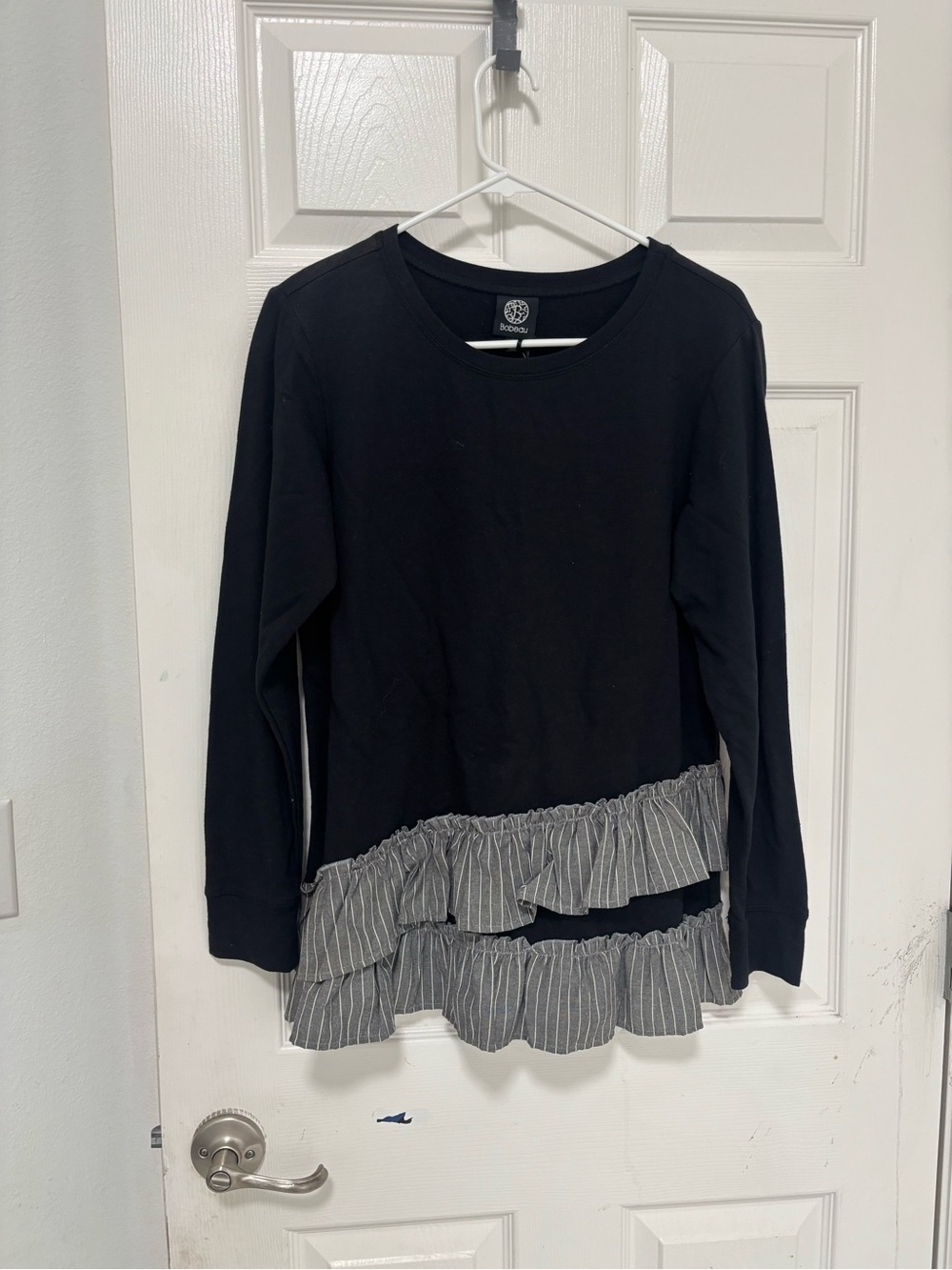 bobeau Black Sweatshirt with Gray Striped Ruffle Hem Accent